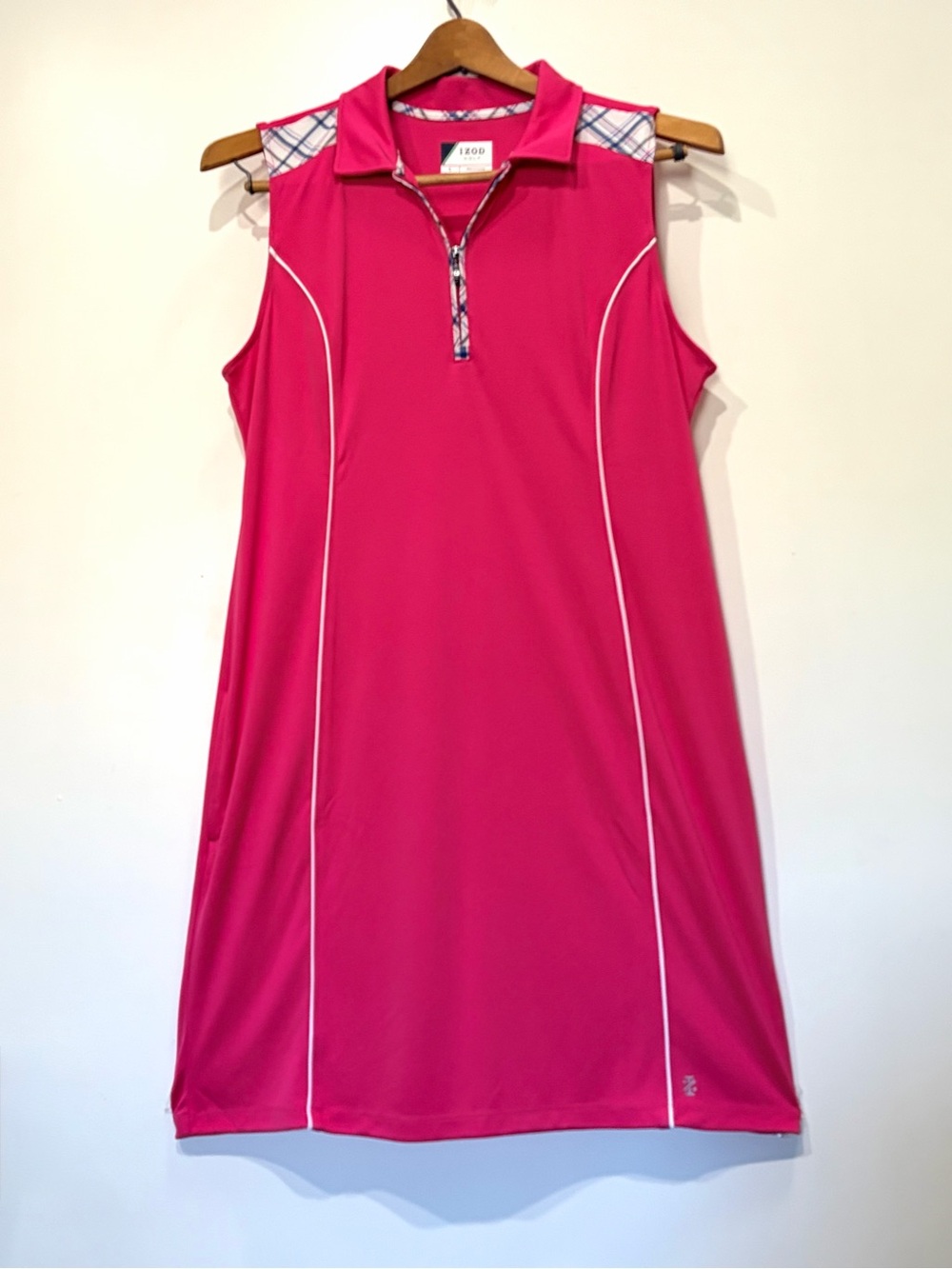 Izod Women's Bright Pink Golf Polo Dress with Plaid Trim